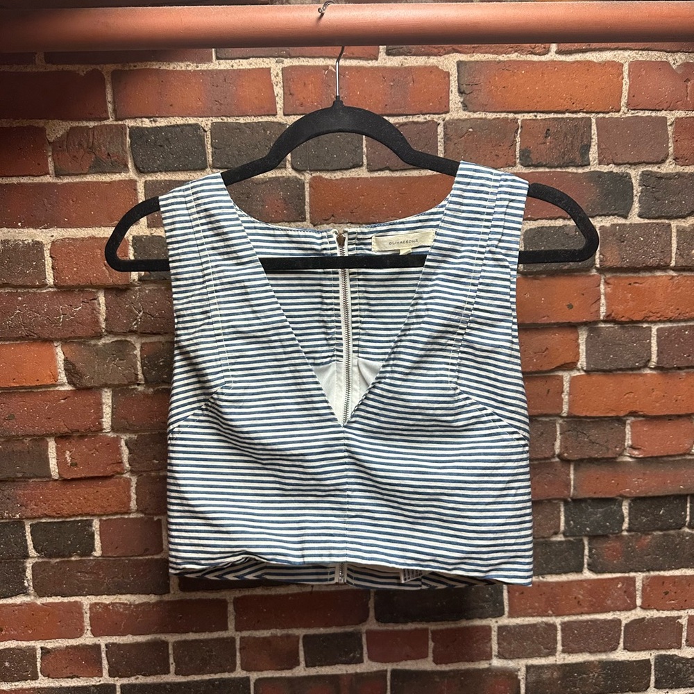Olivaceous Blue and White Sleeveless Zippered Crop Top